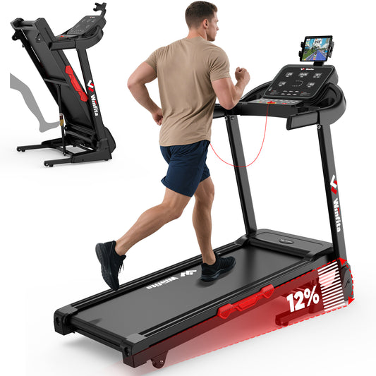 Winfita 12% Auto Incline Treadmill 300 lb Capacity, 3.5HP Folding Treadmill for Home Office, Portable Running Walking Machine with 14"LCD Screen, Audio Speaker, App, 64 Preset Programs,Max 8MPH Speed
