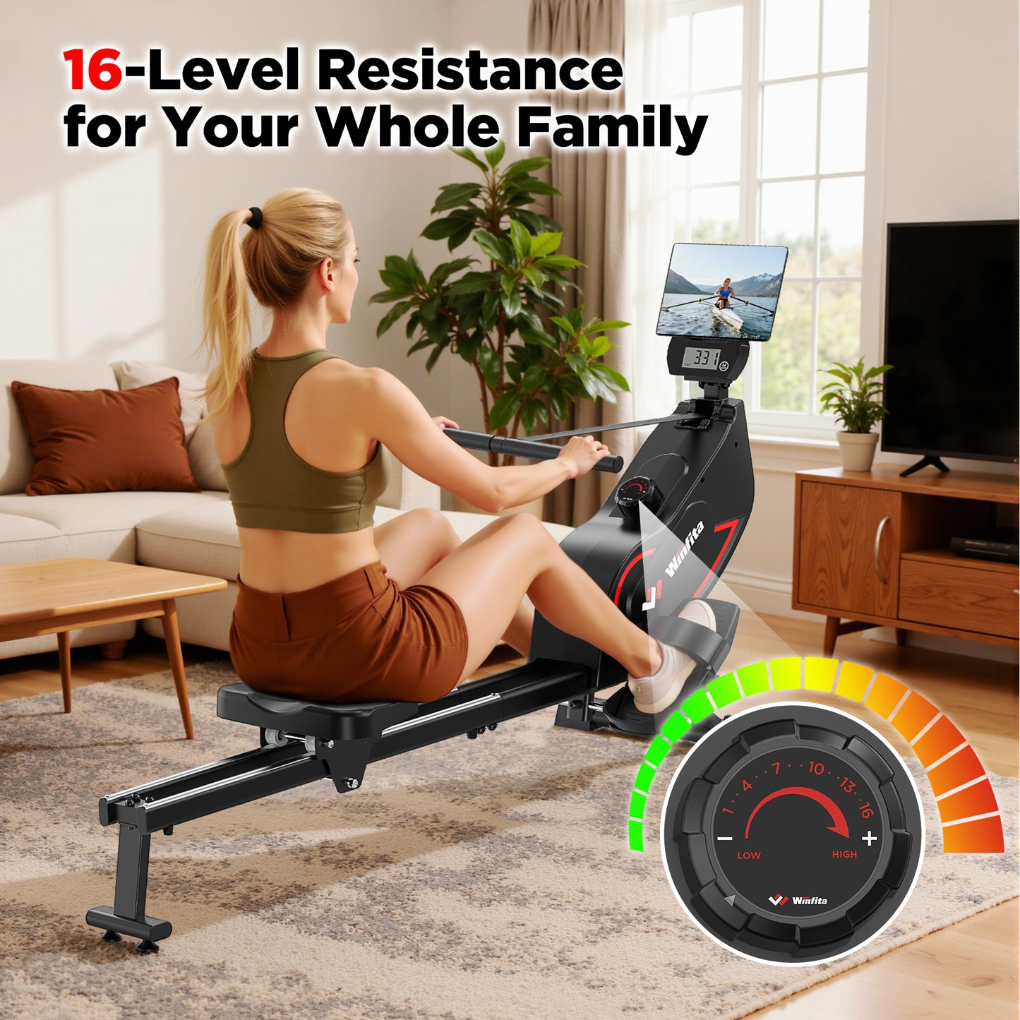 Magnetic Rowing Machines 115lbs Peak Resistance, 350lbs Weight Capacity, Indoor Foldable with 16 Levels Resistance, Dual Slide Rail, Bluetooth App Compatible for Home Workout