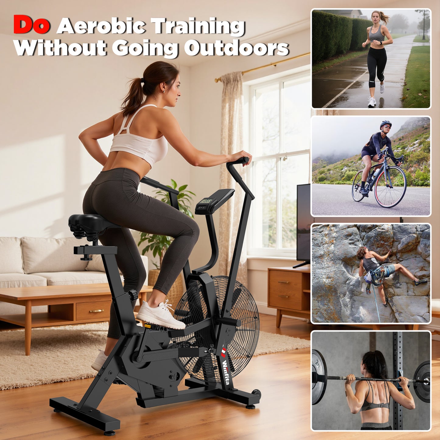 Exercise Bike, Stationary Bike for Home Gym, Air Resistance Bluetooth Fan Bike with Dual Acction Handlebars & Dual-Layer Transmission System, Upright AirBike Indoor Cycling Bike for Cardio Workout