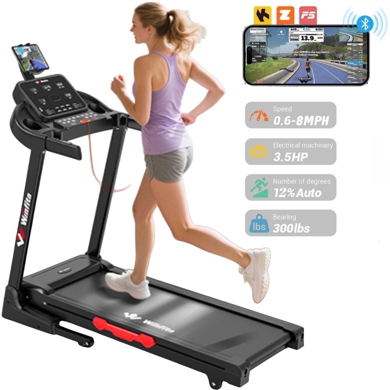 Winfita 3.5HP Quiet Treadmill, Auto Incline, Foldable, 300 lbs