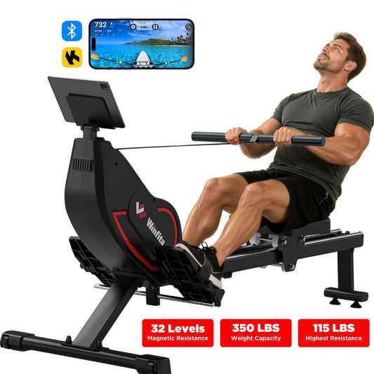 Winfita Self-Powered Rowing Machine, Magnetic Rower for Home Use, 32-Levels Quiet Resistance with Smart Electronic Knob, 350 LBS Weight Capacity, Compact Rower Machine Easy Assembly, App Supported