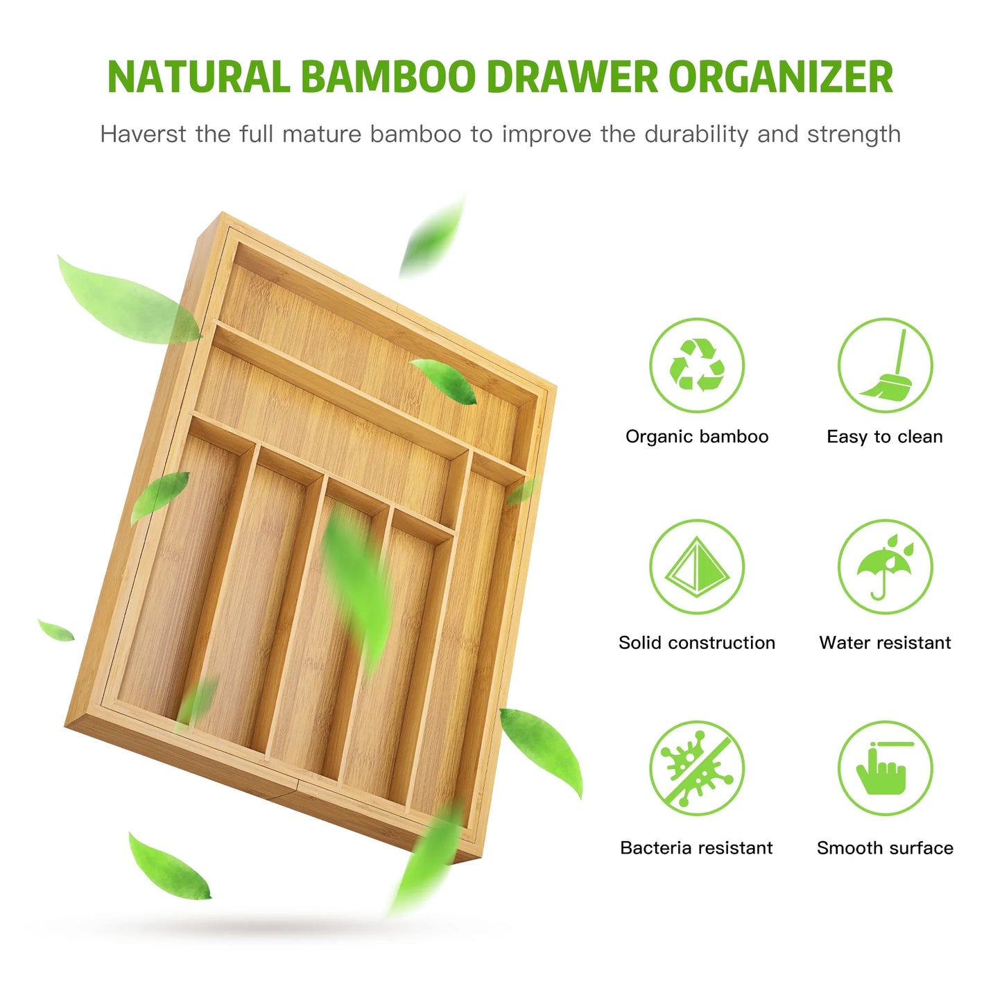 H2OXY Bamboo Kitchen Drawer Organizer 7-9 Lots- Expandable & Sturdy Utensil Holder/Silverware Organizer/and Cutlery Tray with Grooved Drawer Dividers & Compartment for Flatware