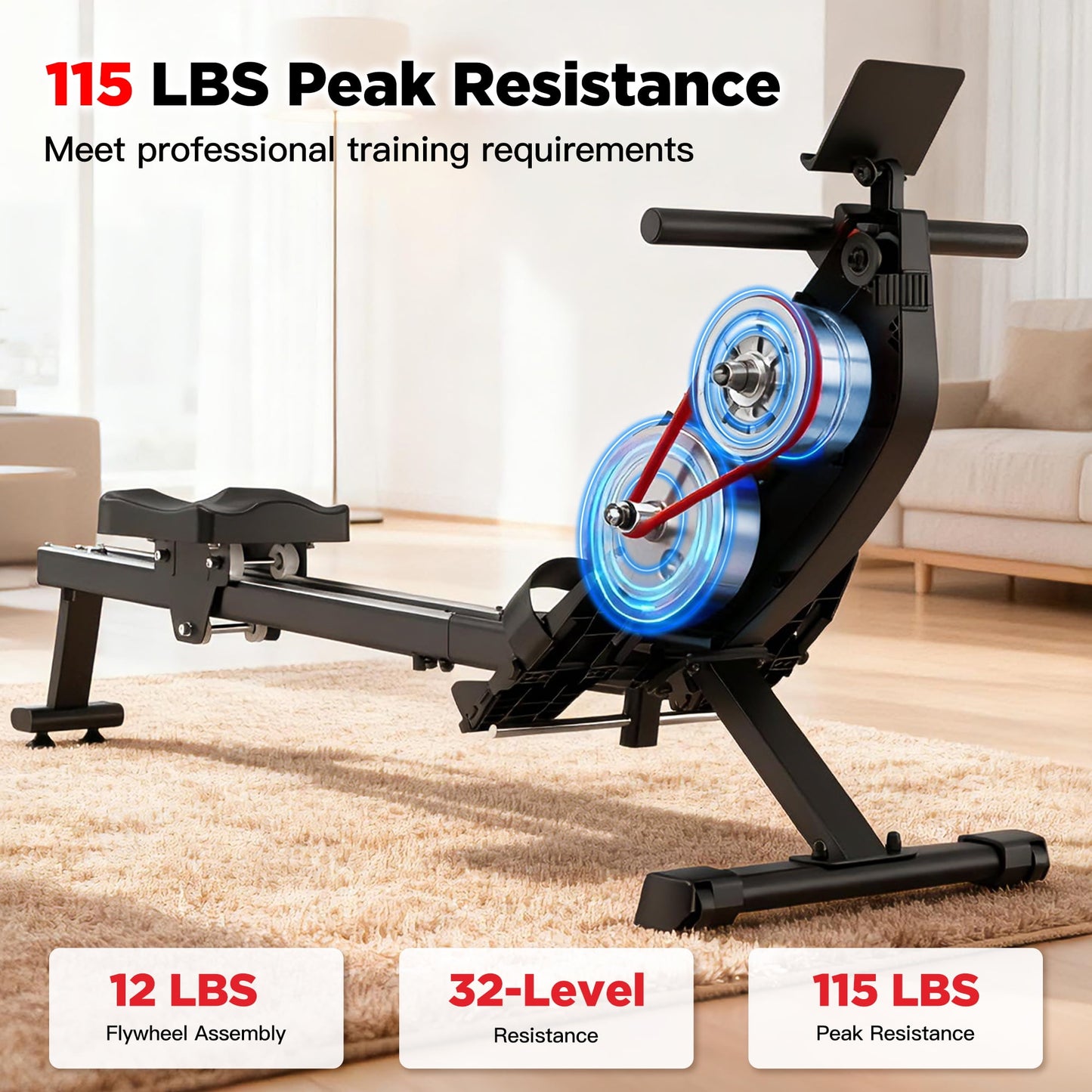 Winfita 32 Levels Self-Powered Rowing Machine, Magnetic Rower for Home Use, 115LBS High Resistance, Dual Slide Rail, App Compatible, 350lb Weight Capacity