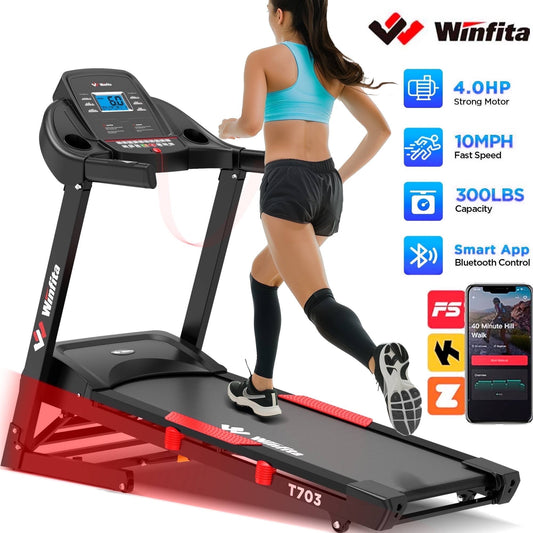 Winfita Treadmill with 15% Auto Incline, 300lbs Capacity, 4.0HP Foldable Treadmill for Home with Bluetooth, 10MPH Speed, APP, 64 Preset Programs & 3 Modes, Portable Self-Standing Electric Treadmill