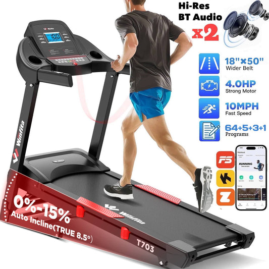 Winfita 4.0HP Folding Treadmill for Home w/ 15% Auto Incline, 300LB Capacity, 10MPH Speed, 18''x50''Belt, App & Bluetooth Speaker, LCD Display, 70Programs, Portable Treadmill Running Walking Machine