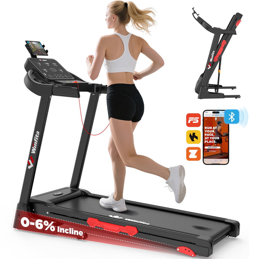 Winfita Foldable Treadmill with 12% Auto Incline for Home, 8 MPH Speed, 300 LB Capacity, 42"x17" Belt, App & Bluetooth Speakers, Tablet Holder, Pause Function, 64 Preset Programs, Black