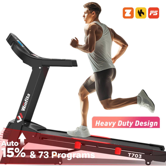 Winfita Treadmill with 15 Levels Auto Incline, 4HP 300LBS Capacity Electric Treadmill for Home Portable, 0.6-10MPH Speed, Easy Assembly, Pulse Sensor, Digital Display, Holder for Cup & Phone