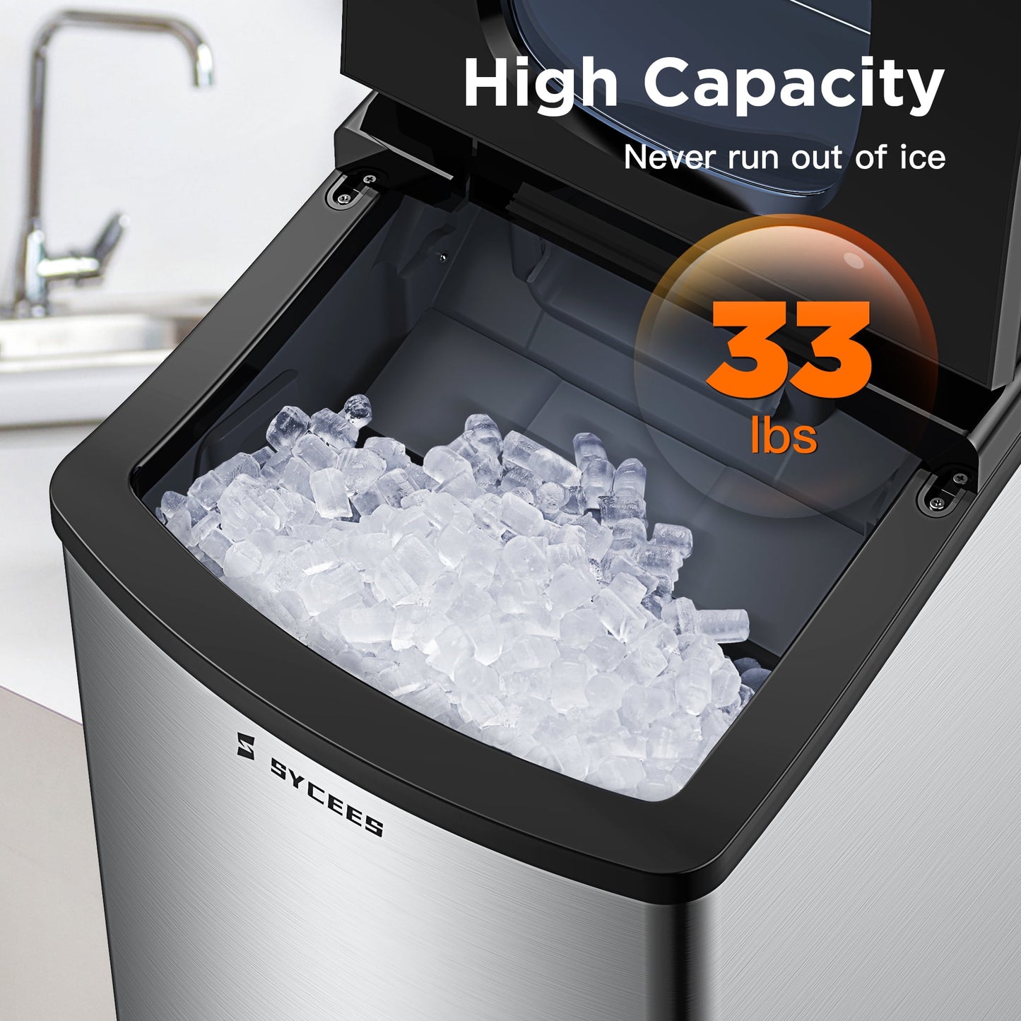 SYCEES Portable Nugget Ice Maker for Countertop, 33lbs/24h, 5lbs Ice Storage, Pellet Ice Ready in 10 Mins, Self-Cleaning, Touch Control, Stainless Steel Sonic Ice Machine for Home, Bar, Office