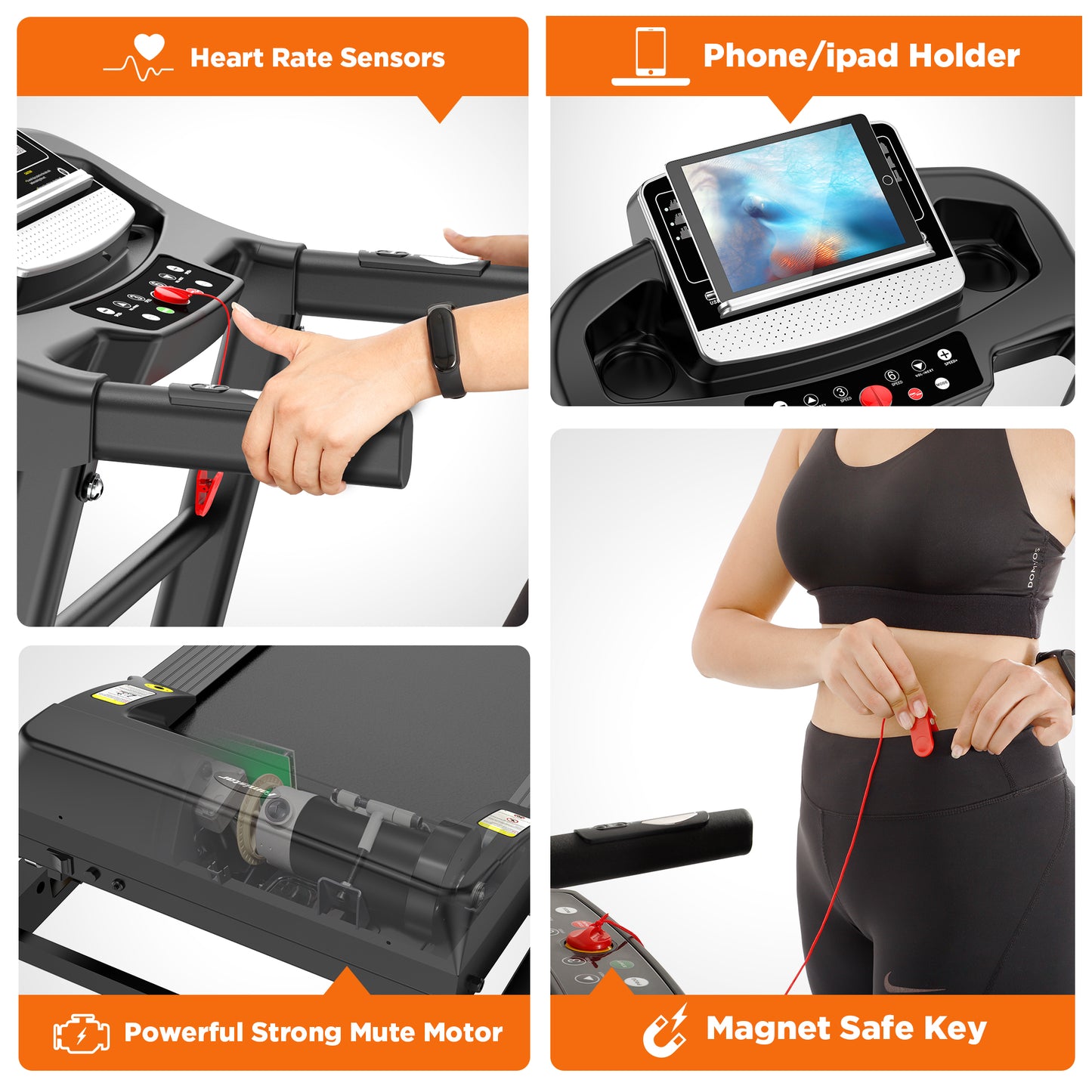 Electric Folding Treadmill for Home Jogging and Walking, 12 Programs, 3 Modes Incline Treadmill with Built-in MP3 Speaker, LED Display, Heart Pulse System, 2 Knee Straps as Gift