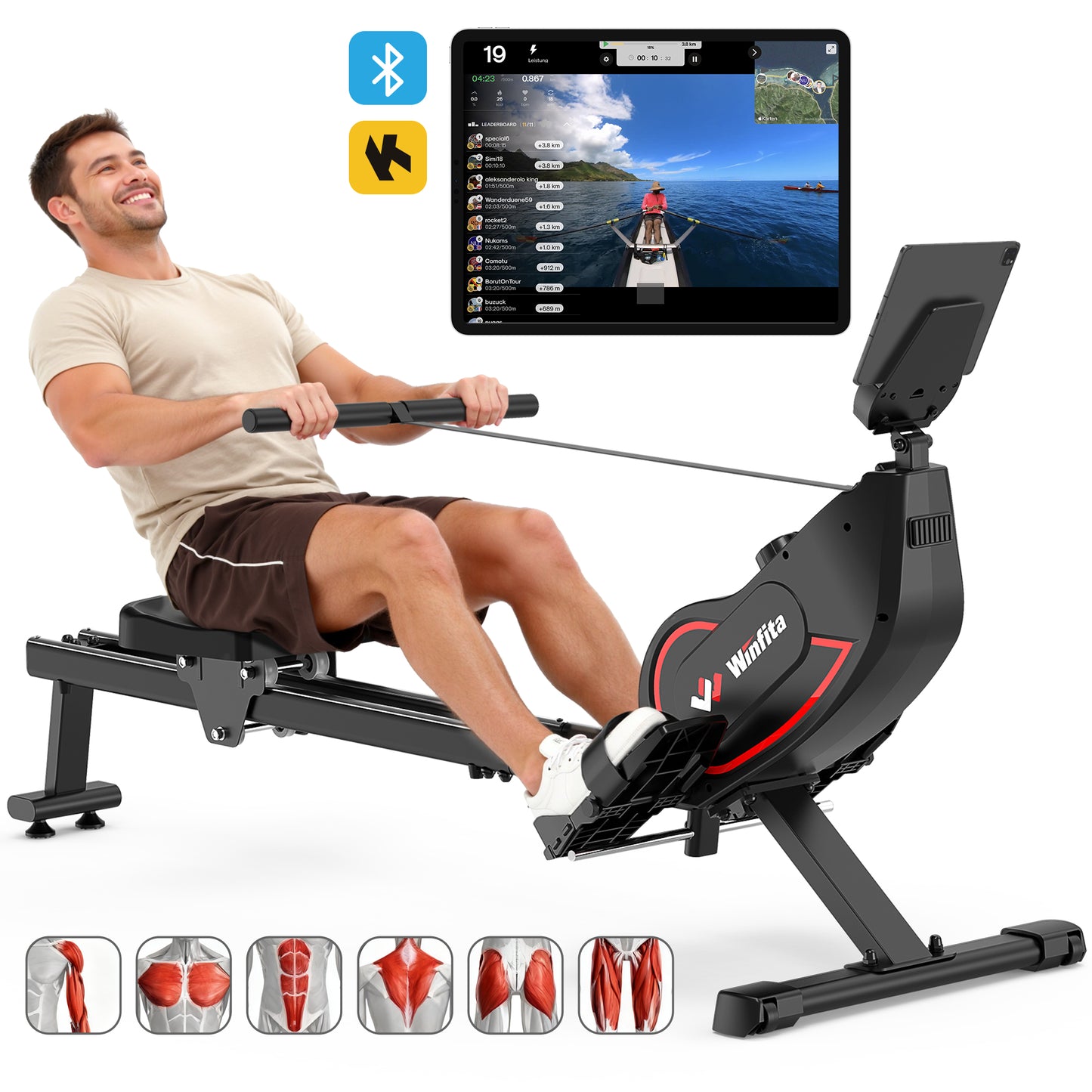 Magnetic Rowing Machines 115lbs Peak Resistance, 350lbs Weight Capacity, Indoor Foldable with 16 Levels Resistance, Dual Slide Rail, Bluetooth App Compatible for Home Workout