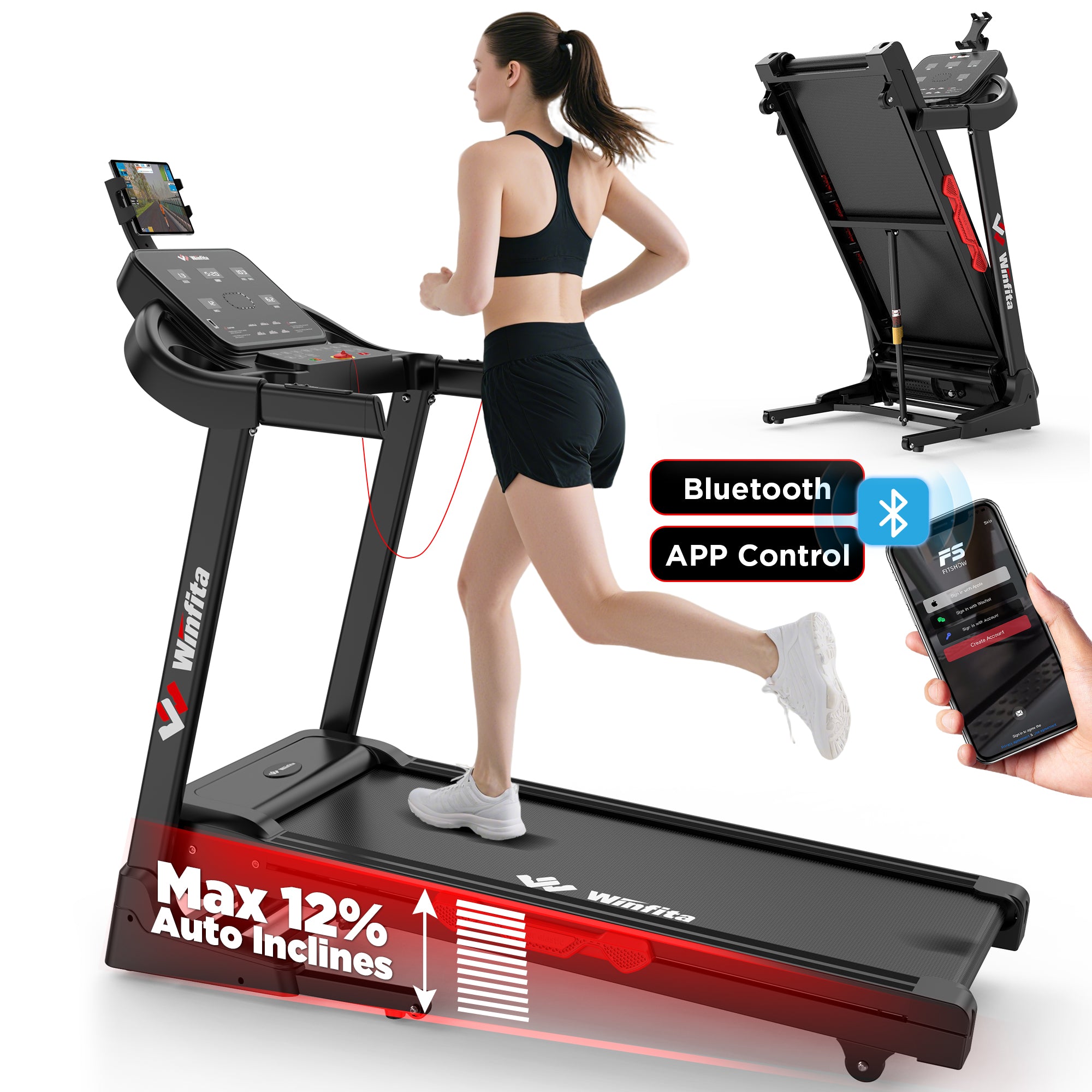 Winfita Incline Treadmill, 0-12% Auto Incline Treadmill for