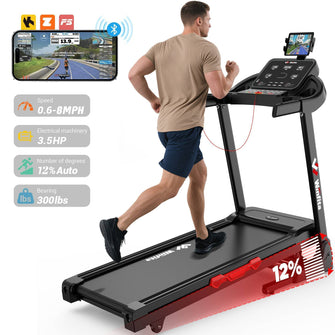 Treadmill with 0-12% Auto Incline, Treadmills for Home, 3.5HP Folding Treadmills for Running Walking with 300 LBS Weight Capacity, Bluetooth & Heart Rate Sensors, Hydraulic Folding