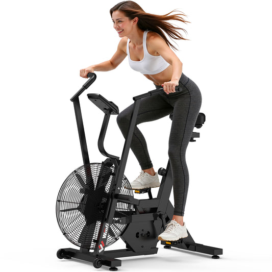 Exercise Bike, Stationary Bike for Home Gym, Air Resistance Bluetooth Fan Bike with Dual Acction Handlebars & Dual-Layer Transmission System, Upright AirBike Indoor Cycling Bike for Cardio Workout