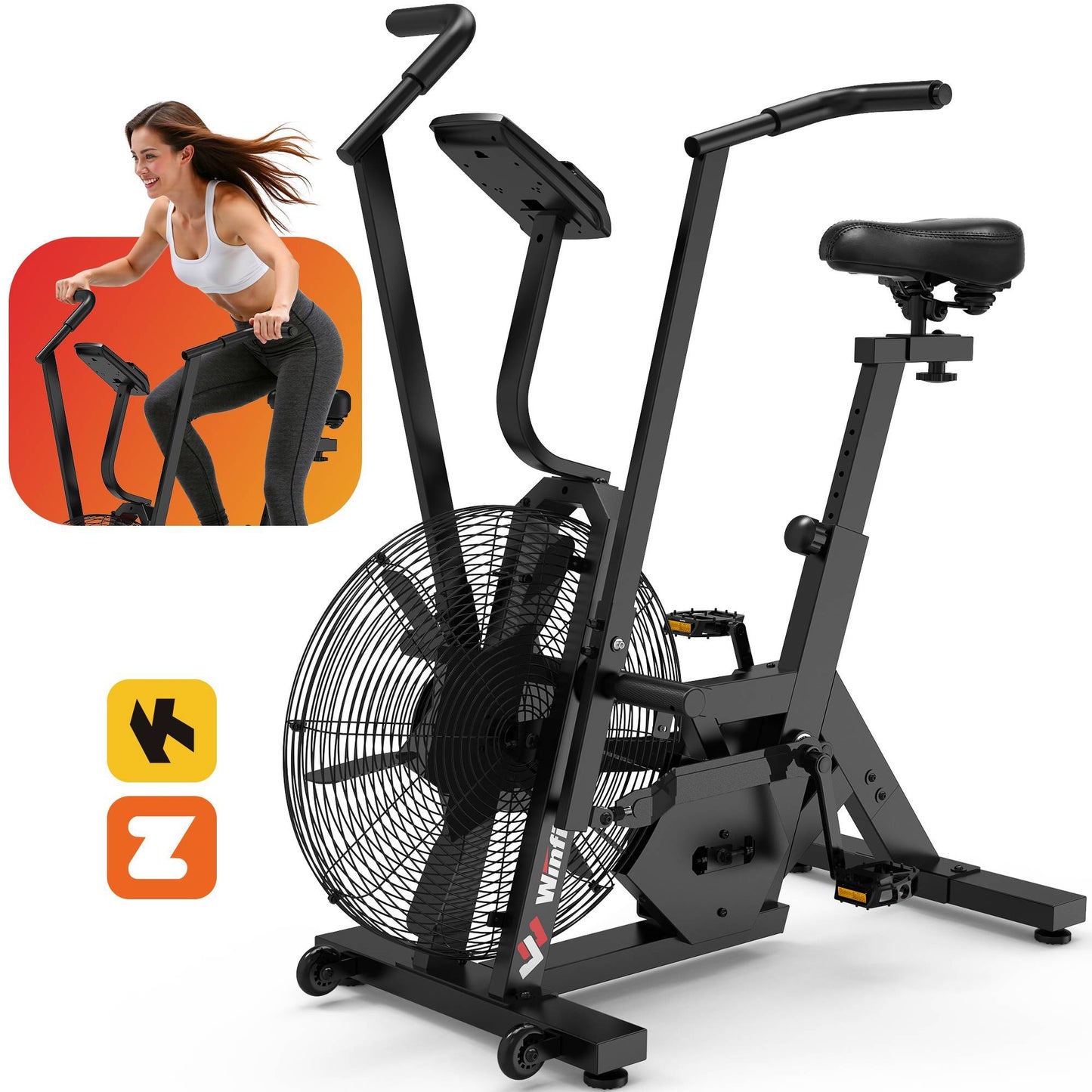 Winfita Air Bike Exercise Bike Air Resistance Stationary Bike for Home, Indoor Bike with Dual Action Handlebars, Bluetooth APP Connection Customizable Monitor, 350 lbs Arm/Leg Cardio Workout