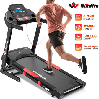 Winfita 4.0H Folding Treadmill for Home with 15% Auto Incline, Smart APP, 10 MPH Fast Speed, 300LB Capacity, 70 Programs, Bluetooth Speaker, Pause Function, Portable Treadmill Running Walking Machine