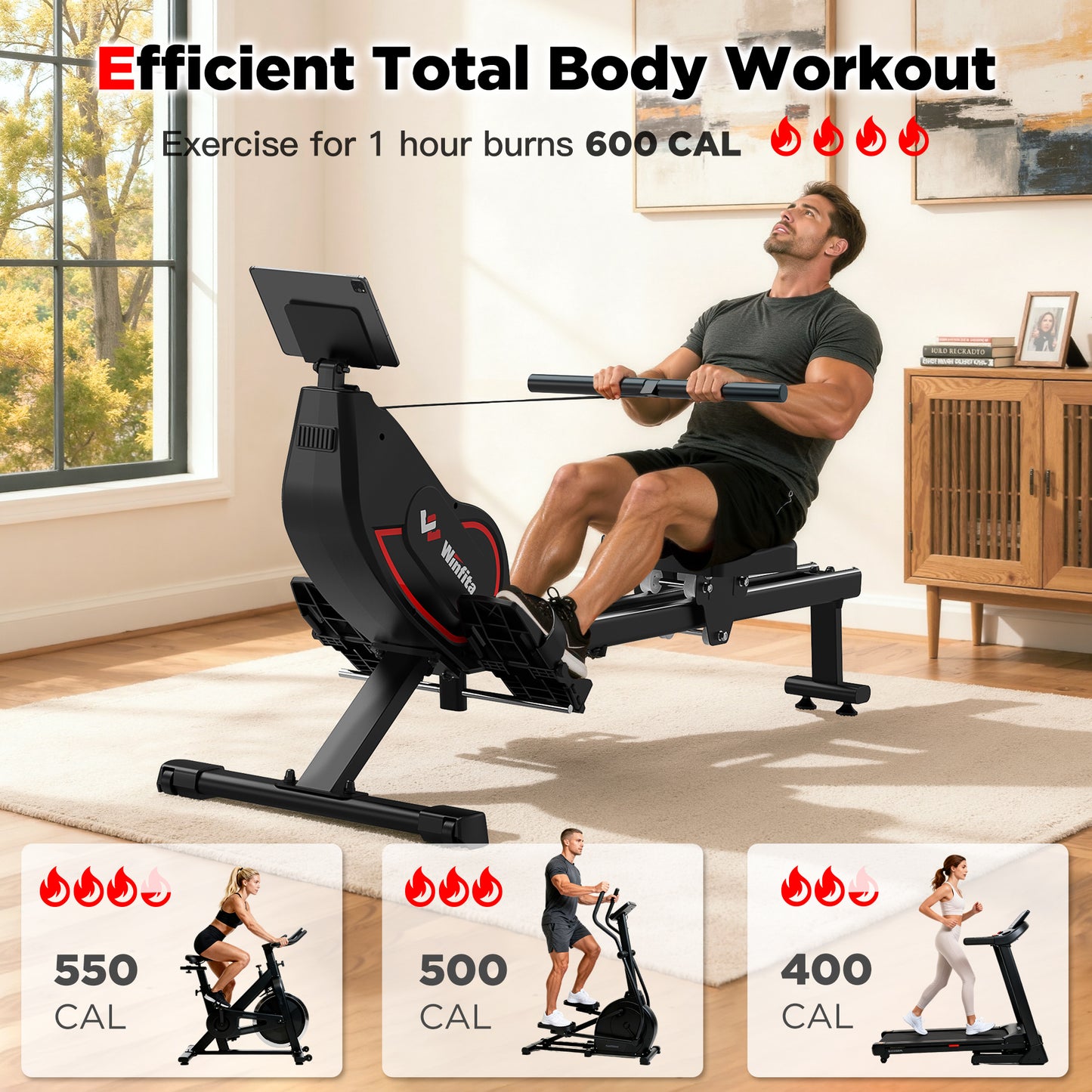 Rowing Machines for Home, 32-Level Resistance Adjustment Rower, Powerful Electromagnetic Row Machine with LED Monitor & Comfortable Seat, Bluetooth, App Supported, Tablet Holder, Easy Storage