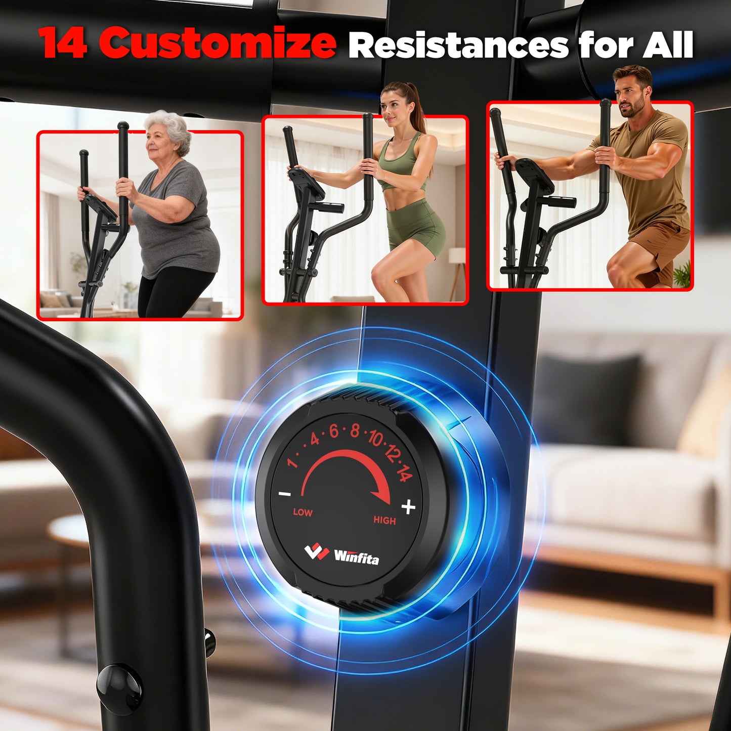 Elliptical Machine, Total Body Fitness Cross Trainer for Home Use, Cardio Training Elliptical Trainers with Hyper-Quiet Electromagnetic Front Driving System, 16IN Stride, 14 Resistance Levels