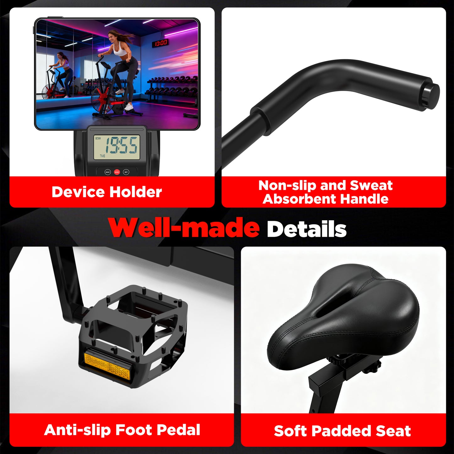 Exercise Bike, Stationary Bike for Home Gym, Air Resistance Bluetooth Fan Bike with Dual Acction Handlebars & Dual-Layer Transmission System, Upright AirBike Indoor Cycling Bike for Cardio Workout