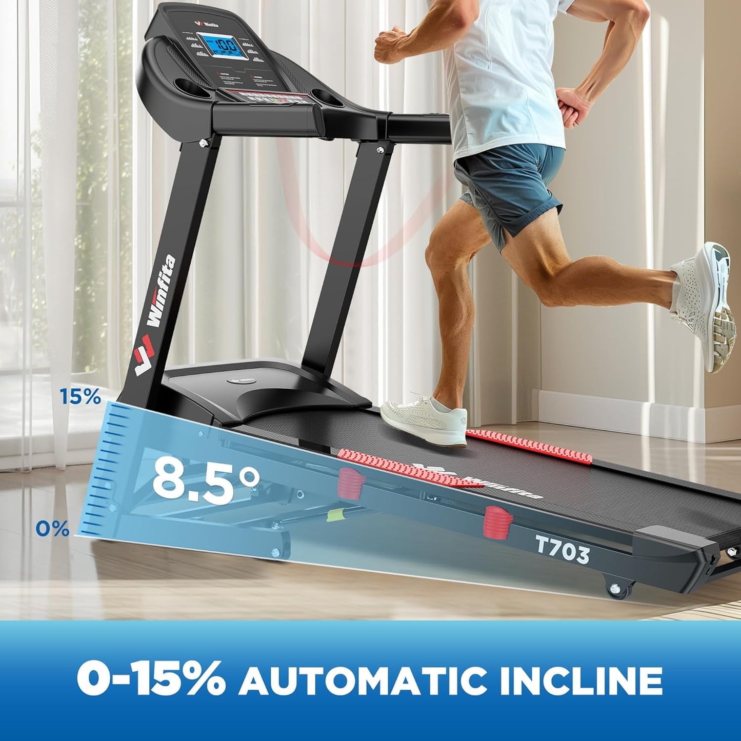 Winfita 4.0HP Folding Treadmill for Home w/ 15% Auto Incline, 300LB Capacity, 10MPH Speed, 18''x50''Belt, App & Bluetooth Speaker, LCD Display, 70Programs, Portable Treadmill Running Walking Machine