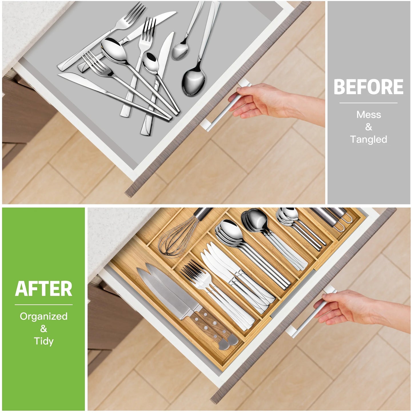 H2OXY Bamboo Kitchen Drawer Organizer 7-9 Lots- Expandable & Sturdy Utensil Holder/Silverware Organizer/and Cutlery Tray with Grooved Drawer Dividers & Compartment for Flatware