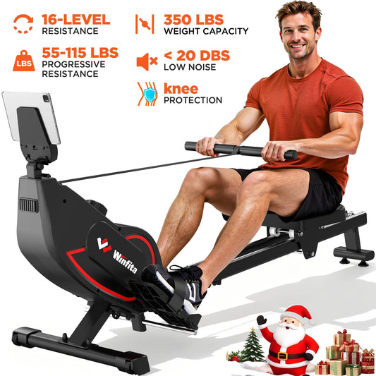 16 Levels Magnetic Rowing Machines for Home, 350LBS Capacity, 55-115LBS Quiet Resistance, Foldable Indoor Row Machine with LCD Monitor, Comfortable Seat, Bluetooth App Supported, Tablet Holder