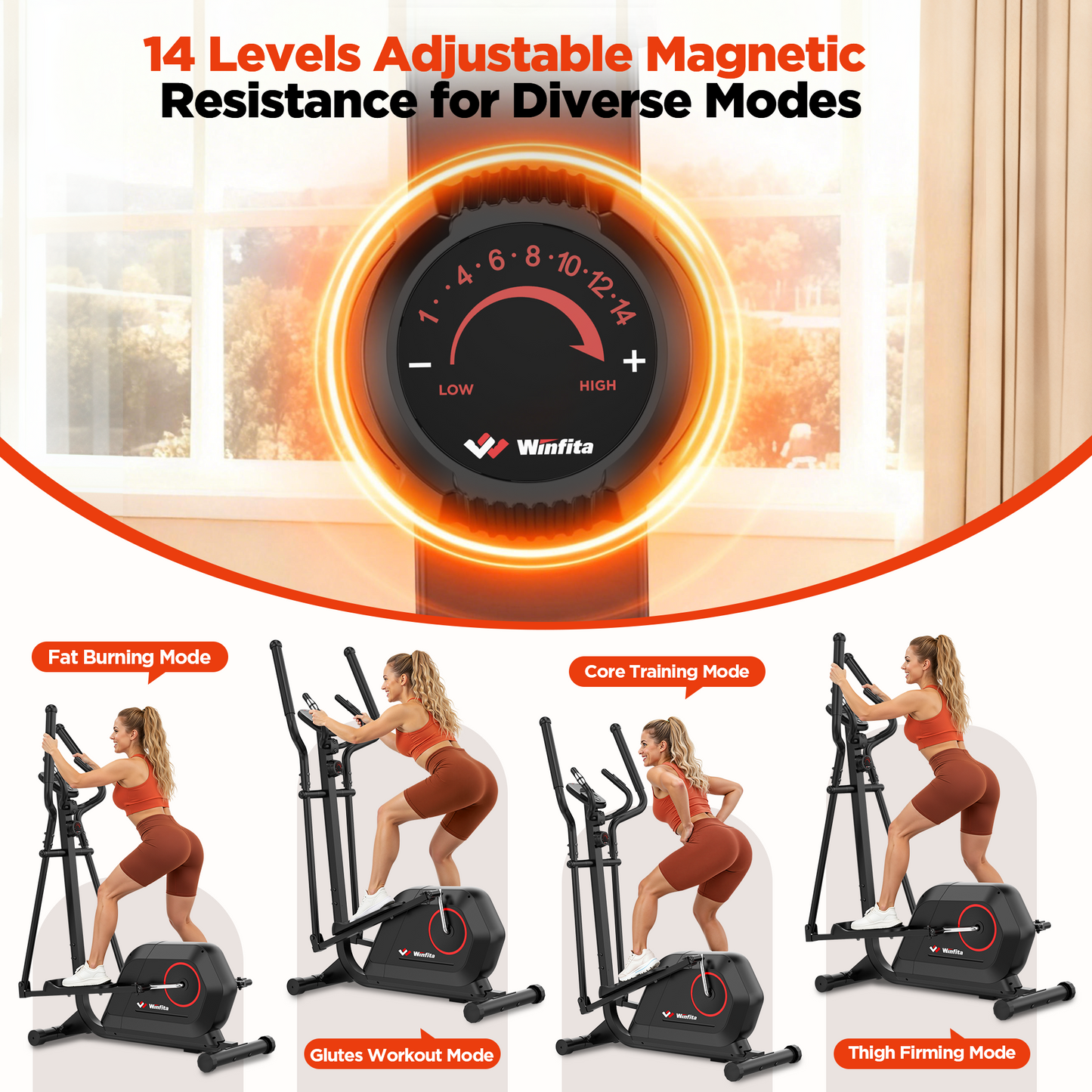 Elliptical Exercise Machine for Home, 3-in-1 Compact Training Machines with 14 Resistance Levels, 16LB Flywheel, Low Impact Magnetic Cross Trainer, Quiet Portable Elliptical for Small Spaces
