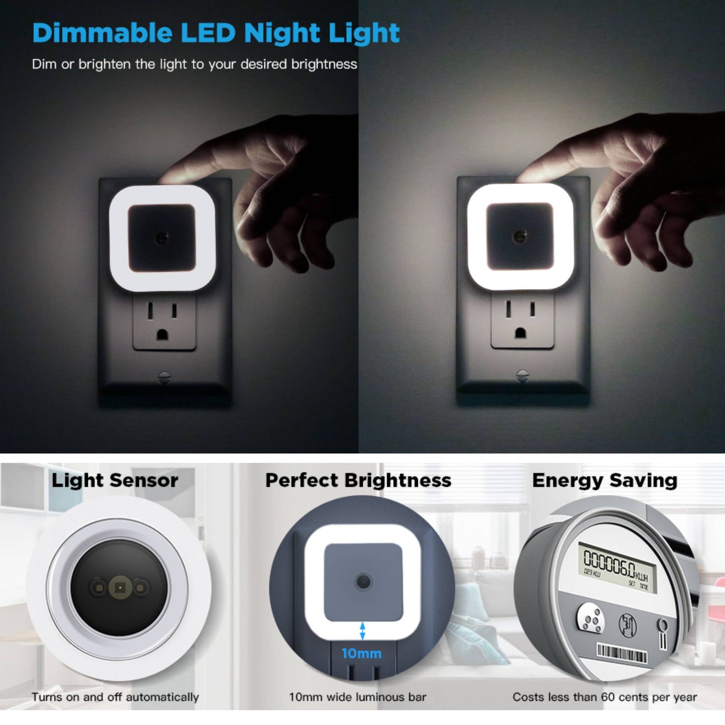 4 Pack Upgraded Plug-in LED Night Light with Adjustable Brightness, Dimmable LED Nightlight with Dusk to Dawn Sensor for Bathroom, Bedroom, Kitchen, Stairs, Hallway