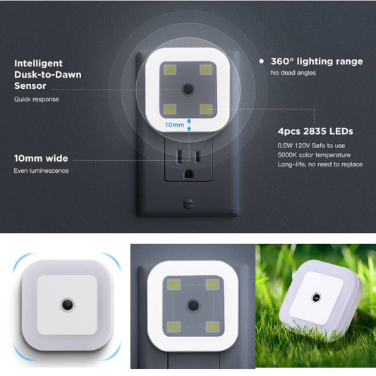 4 Pack Upgraded Plug-in LED Night Light with Adjustable Brightness, Dimmable LED Nightlight with Dusk to Dawn Sensor for Bathroom, Bedroom, Kitchen, Stairs, Hallway