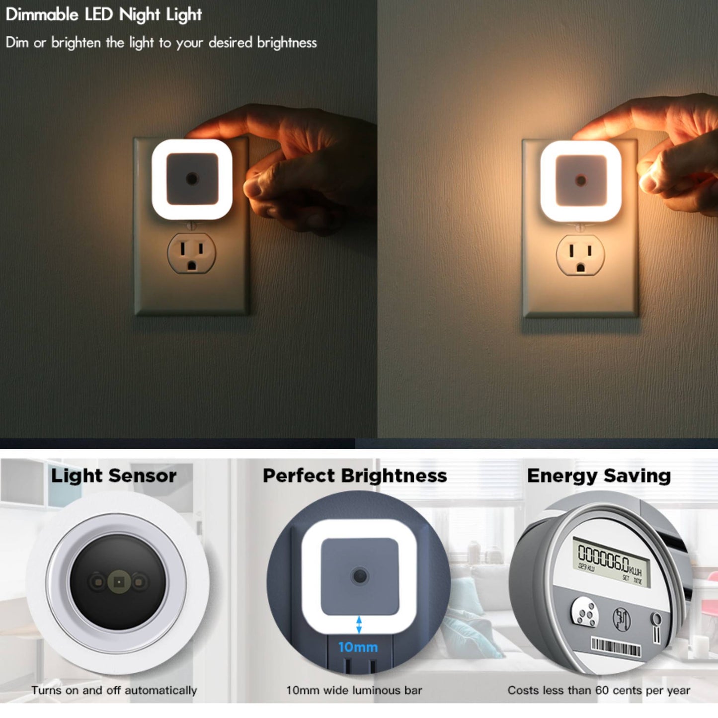 4 Pack Upgraded Plug-in LED Night Light with Adjustable Brightness, Dimmable LED Nightlight with Dusk to Dawn Sensor for Bathroom, Bedroom, Kitchen, Stairs, Hallway
