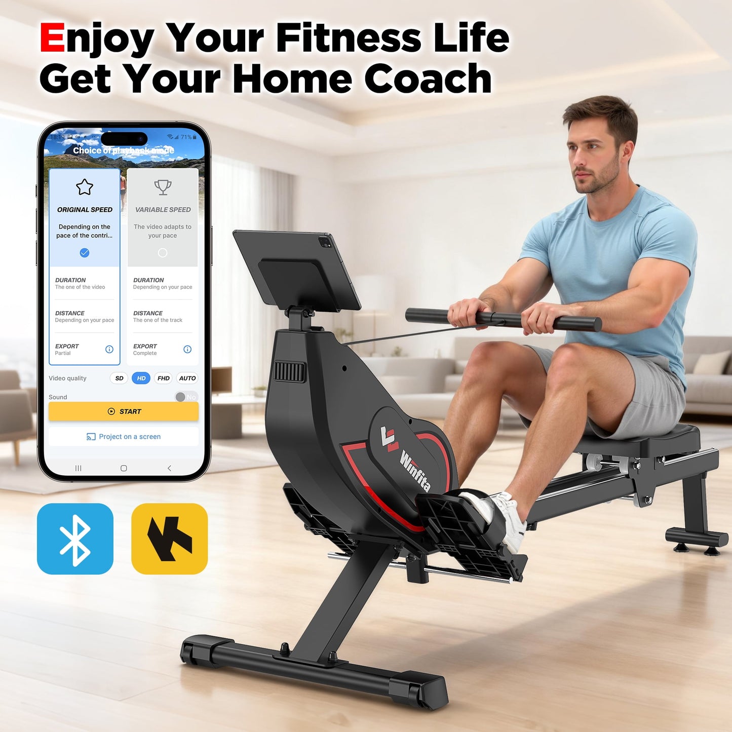 Rowing Machines for Home, Resistance Adjustment Rower, Powerful Electromagnetic Row Machine with LED Monitor & Comfortable Seat, Bluetooth, App Supported, Tablet Holder, Easy Storage