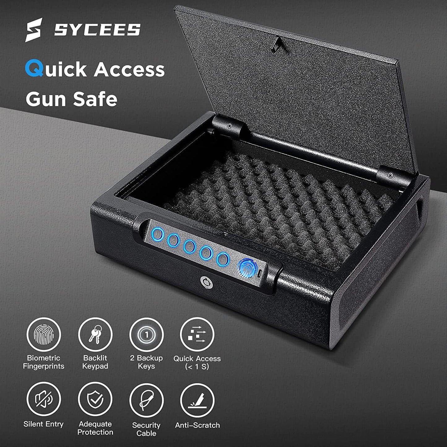 Sycees Biometric Gun Safe with Fingerprint, Keypad, & Key Access, 12.6" x 10.4" x 3.3"