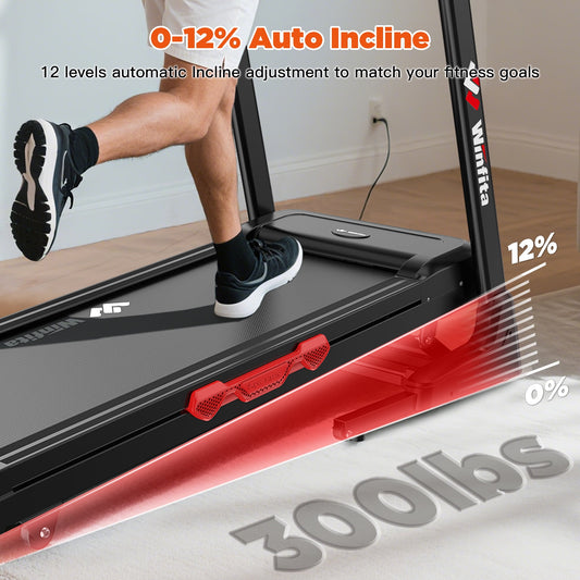 3.5HP Folding Treadmill 300lb Capacity, 12 Levels Auto Incline Treadmills for Home Running Walking Max 8MPH Speed Foldable EleTreadmill Running Machine with APP & Bluetooth, Adjustable Tablet Holder