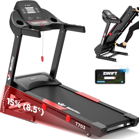 Winfita Premium Folding Smart Treadmill with Bluetooth, Handlebar Speed and Incline Controls, Large Cushioned Running Deck, Built-in Speaker and Audio, 300 lbs User Capacity