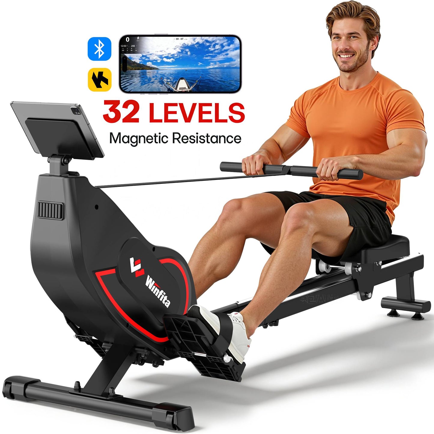 Rowing Machines for Home, 32-Levels Adjustable Resistance Self-Powered Folding Indoor Rowing Machine, 350LB Capacity, Ergonomic Comfort Seat, LCD Monitor, Device Holder, Easy Move & Space Saving