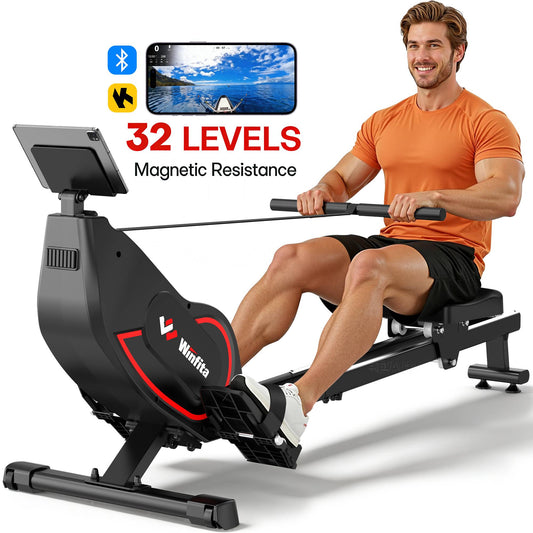 Rowing Machines for Home, 32-Levels Adjustable Resistance Self-Powered Folding Indoor Rowing Machine, 350LB Capacity, Ergonomic Comfort Seat, LCD Monitor, Device Holder, Easy Move & Space Saving