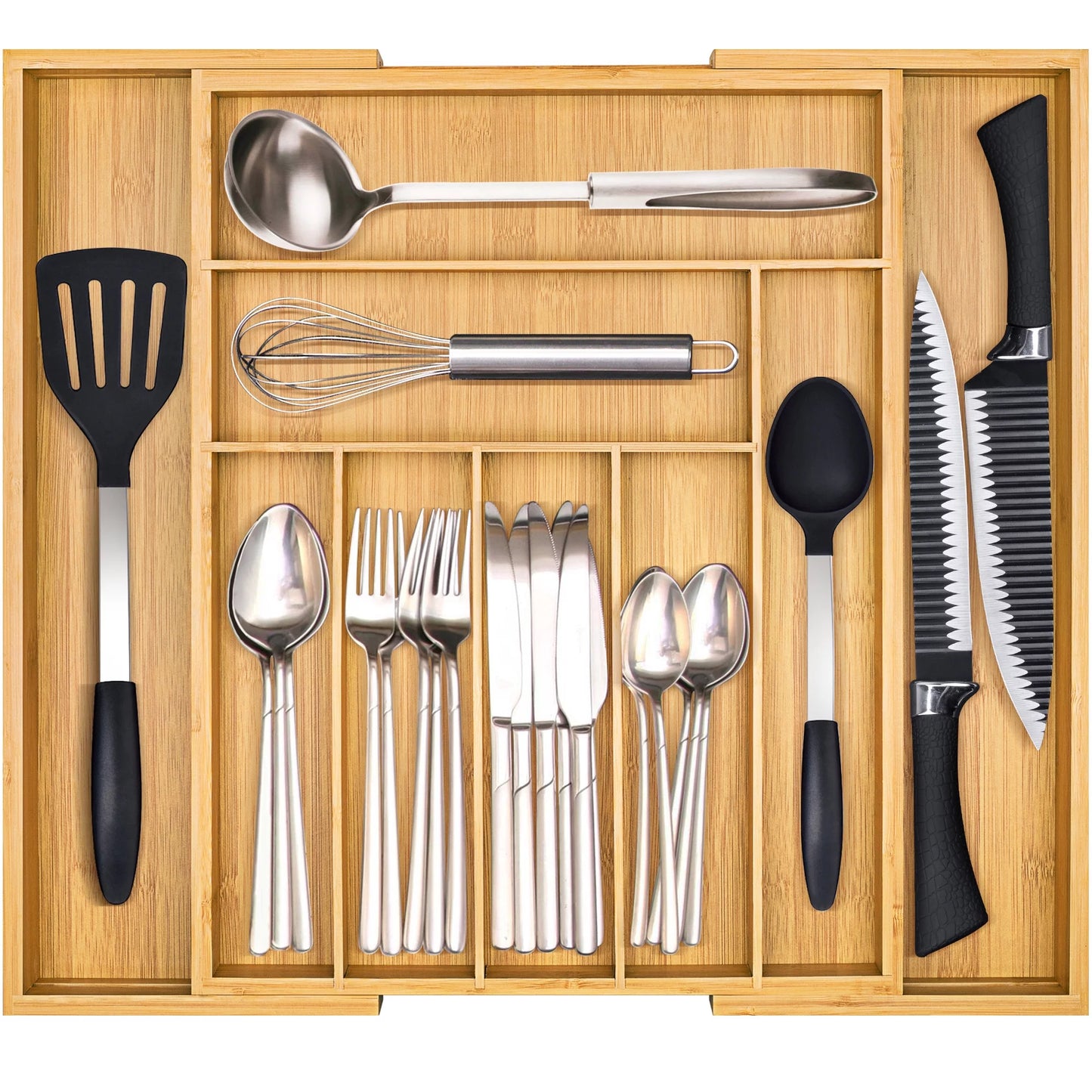 H2OXY Bamboo Kitchen Drawer Organizer 7-9 Lots- Expandable & Sturdy Utensil Holder/Silverware Organizer/and Cutlery Tray with Grooved Drawer Dividers & Compartment for Flatware