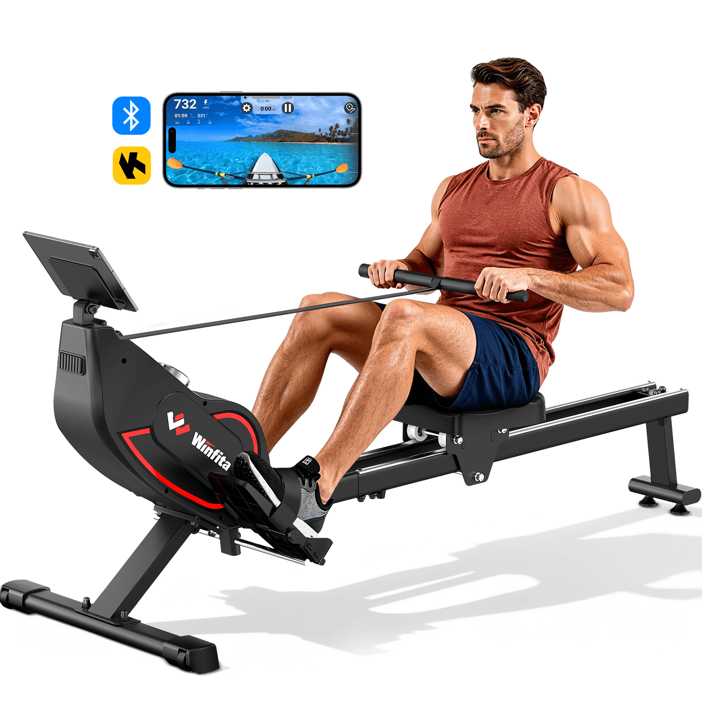Rowing Machines for Home, Resistance Adjustment Rower, Powerful Electromagnetic Row Machine with LED Monitor & Comfortable Seat, Bluetooth, App Supported, Tablet Holder, Easy Storage