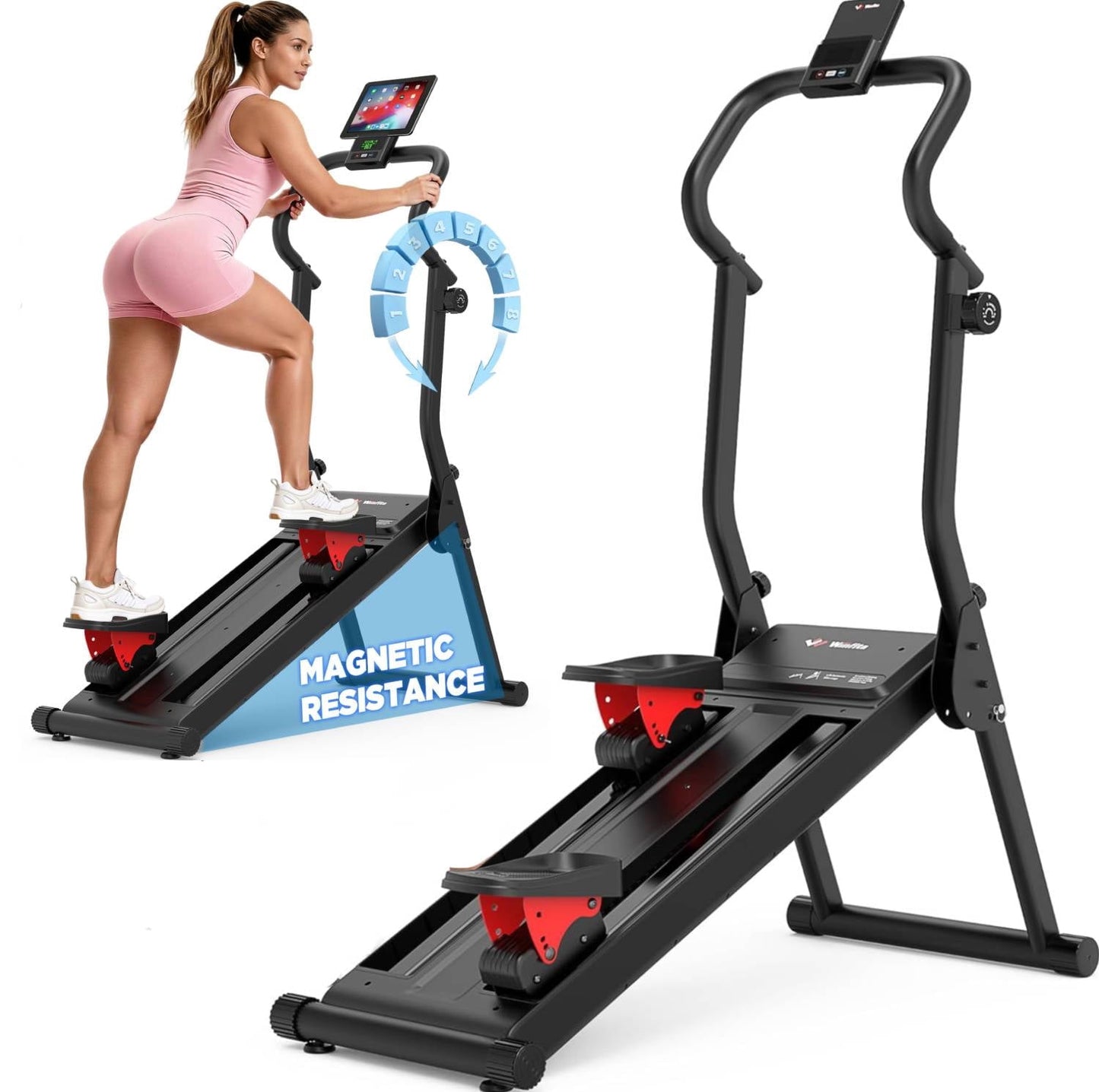 Magnetic Stair Climber Exercise Machine with 8 Levels Adjustable Resistance, Stair Stepper Stair Master for Full-Body Cardio Workout, Supports 350LB, 3 Levels Adjustable Incline & Pedal, 19" Stride