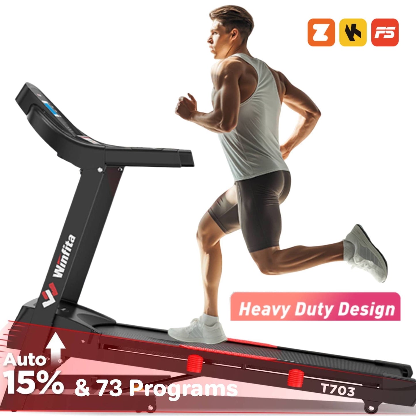 Winfita Treadmill with 15 Levels Auto Incline, 4HP 300LBS Capacity Electric Treadmill for Home Portable, 0.6-10MPH Speed, Easy Assembly, Pulse Sensor, Digital Display, Holder for Cup & Phone