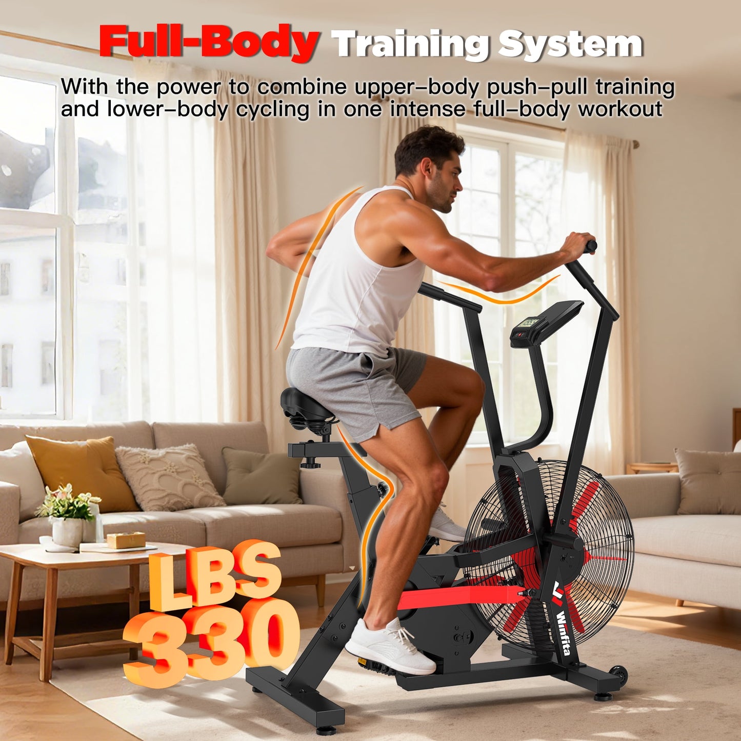 Air-Resistance Exercise Bike, Cycling Exercise Machine with Dual Action Handlebars, Real-Time Monitor and Adjustable Seat for Leg/Arm/Full Body Workout, Fan Bike for Home Training