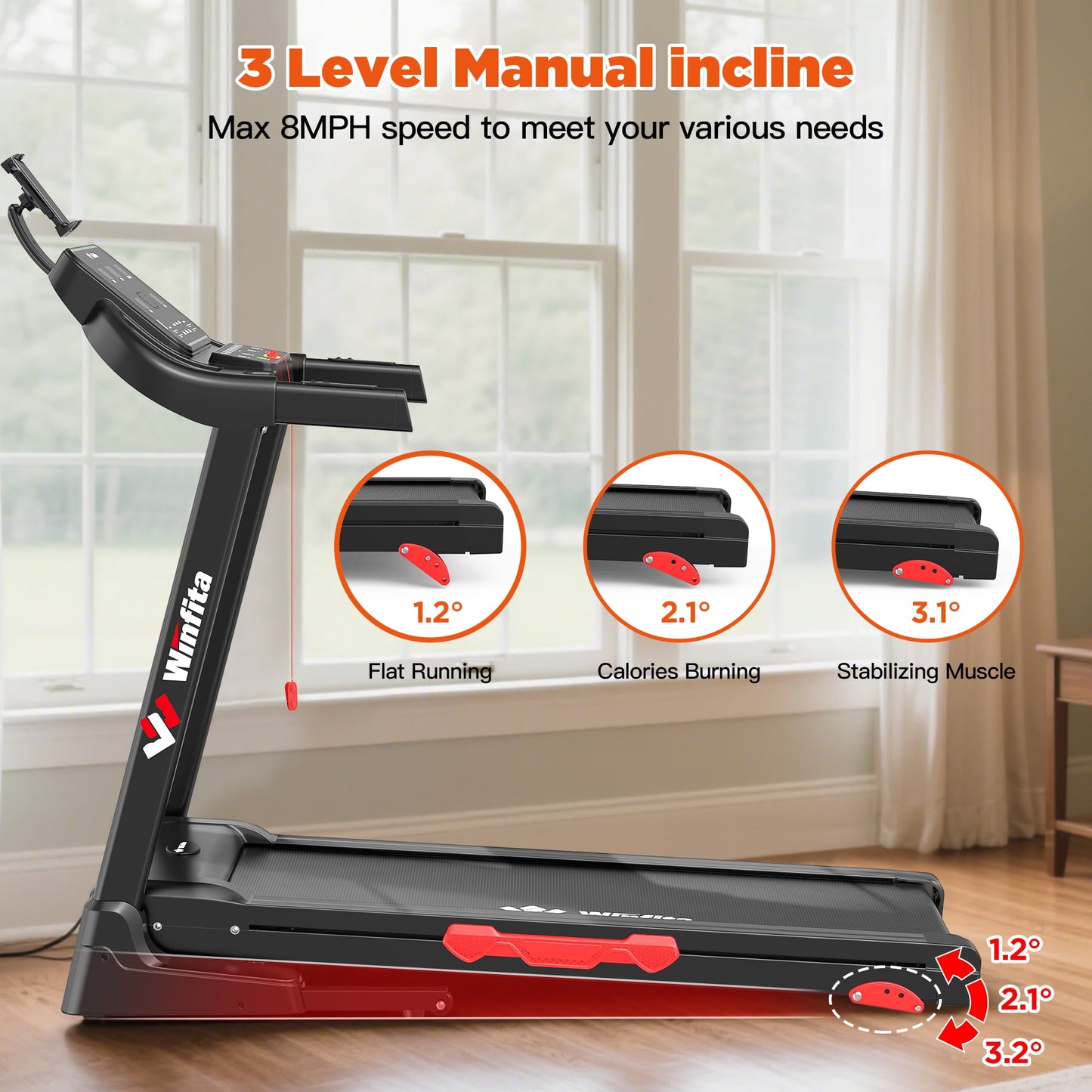 Treadmill with Incline, 3.5 HP Foldable Treadmills for Home, 8MPH Incline Treadmill, 3-Level Adjustable, 300 LBS Capacity, Quiet Running Jogging, 360° Adjustable Device Holder, 64 Programs