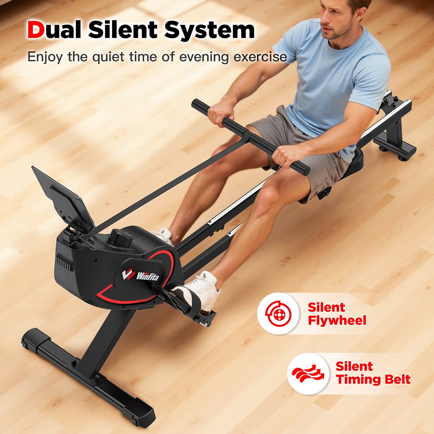 Winfita Magnetic Rowing Machine 350lbs Weight Capacity, 16 Levels of Quiet Resistance, Foldable Bluetooth Rowing Machine for Home Gym Exercise, Dual Slide Rail, LCD Display, Ergonomic Seat