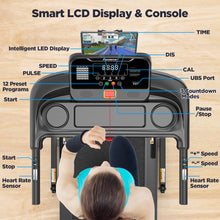 2.5HP Folding Treadmill for Home with Smart LCD Display, 300lbs Capacity, Adjustable Incline, 12+3 Programs, Music Speakers, Electric Treadmill Running Machine